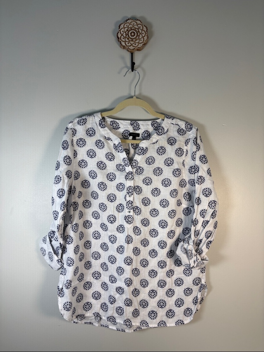 Talbots White Blouse with Navy Floral Medallion Print 100% Cotton